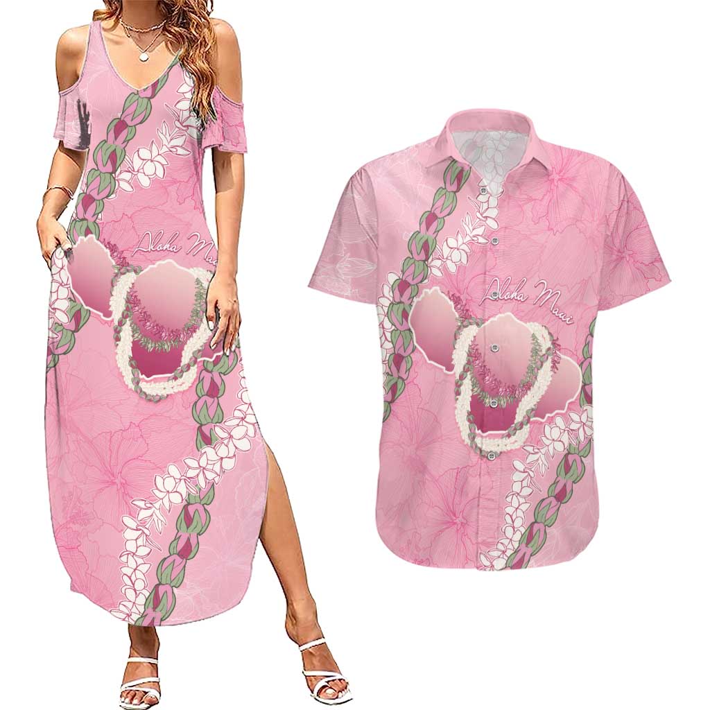 Hawaii Maui Island Flowers Lei Couples Matching Summer Maxi Dress and Hawaiian Shirt Lokelani Rose Pink LT7 Pink - Polynesian Pride