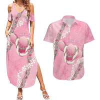 Hawaii Maui Island Flowers Lei Couples Matching Summer Maxi Dress and Hawaiian Shirt Lokelani Rose Pink LT7 Pink - Polynesian Pride