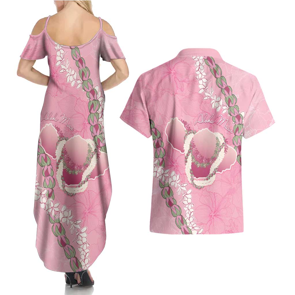 Hawaii Maui Island Flowers Lei Couples Matching Summer Maxi Dress and Hawaiian Shirt Lokelani Rose Pink LT7 - Polynesian Pride