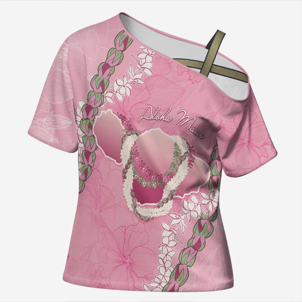 Hawaii Maui Island Flowers Lei Cross Shoulder Shirt Lokelani Rose Pink