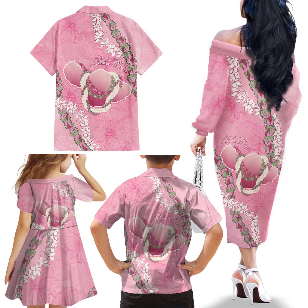 Hawaii Maui Island Flowers Lei Family Matching Off The Shoulder Long Sleeve Dress and Hawaiian Shirt Lokelani Rose Pink LT7 - Polynesian Pride