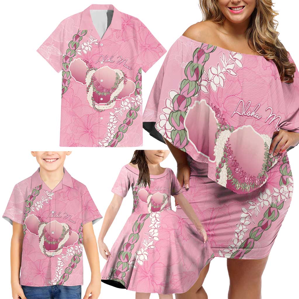 Hawaii Maui Island Flowers Lei Family Matching Off Shoulder Short Dress and Hawaiian Shirt Lokelani Rose Pink
