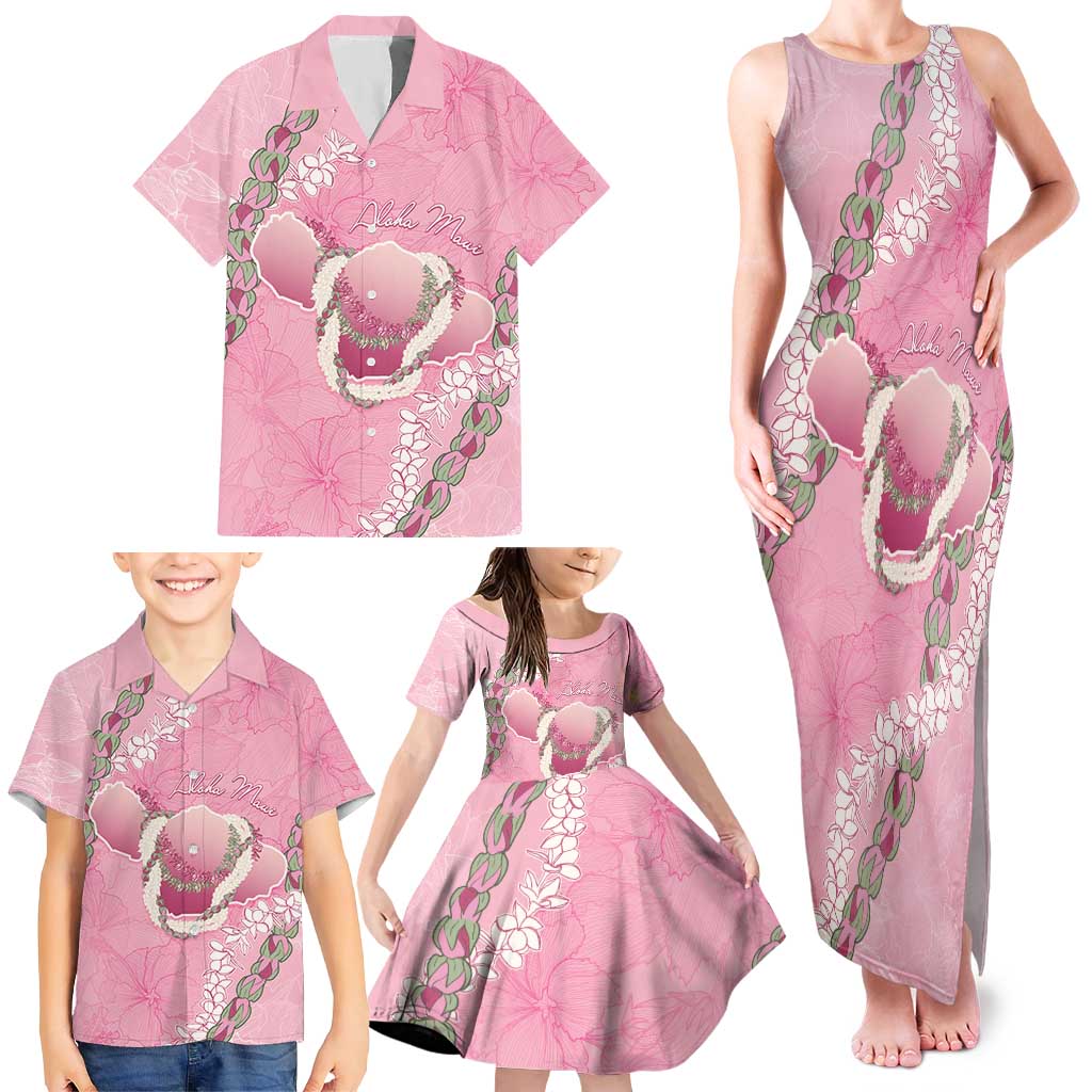 Hawaii Maui Island Flowers Lei Family Matching Tank Maxi Dress and Hawaiian Shirt Lokelani Rose Pink