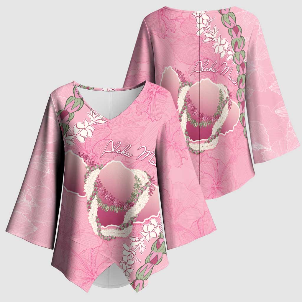 Hawaii Maui Island Flowers Lei Kimono Sleeve Blouse Lokelani Rose Pink