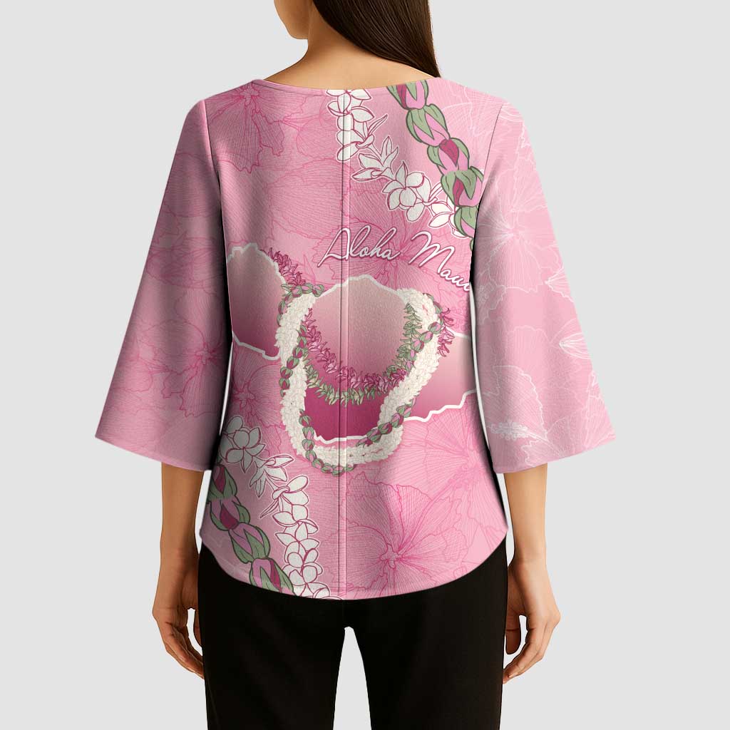 Hawaii Maui Island Flowers Lei Kimono Sleeve Blouse Lokelani Rose Pink