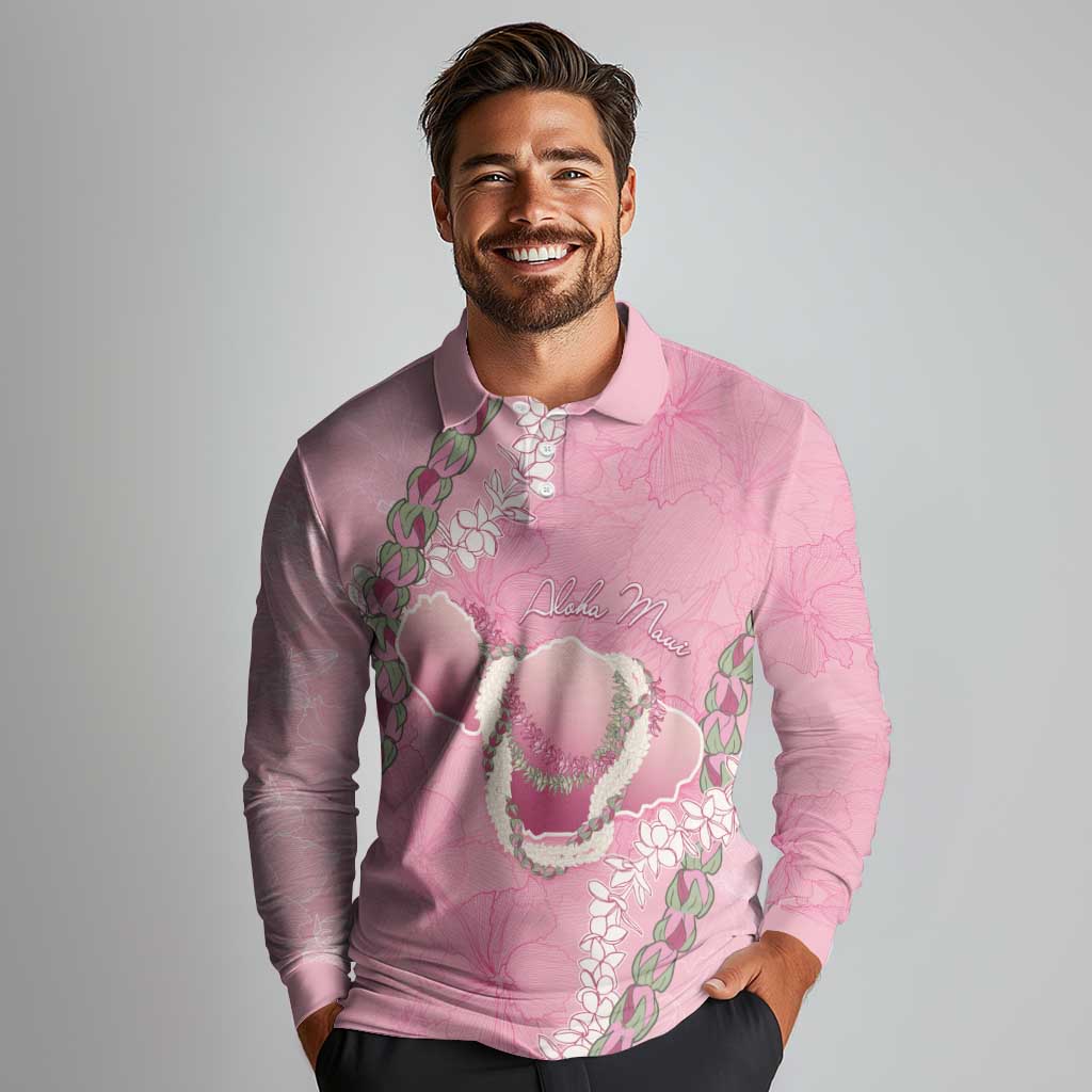 Hawaii Maui Island Flowers Lei Long Sleeve Polo Shirt Lokelani Rose Pink