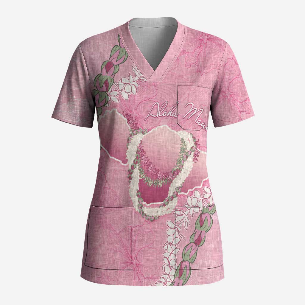 Hawaii Maui Island Flowers Lei Scrub Top Lokelani Rose Pink