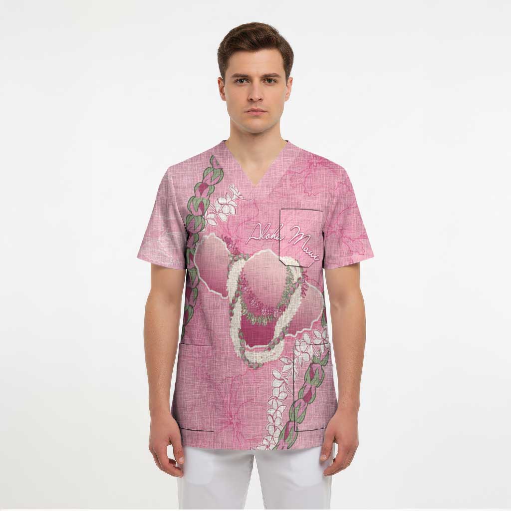 Hawaii Maui Island Flowers Lei Scrub Top Lokelani Rose Pink