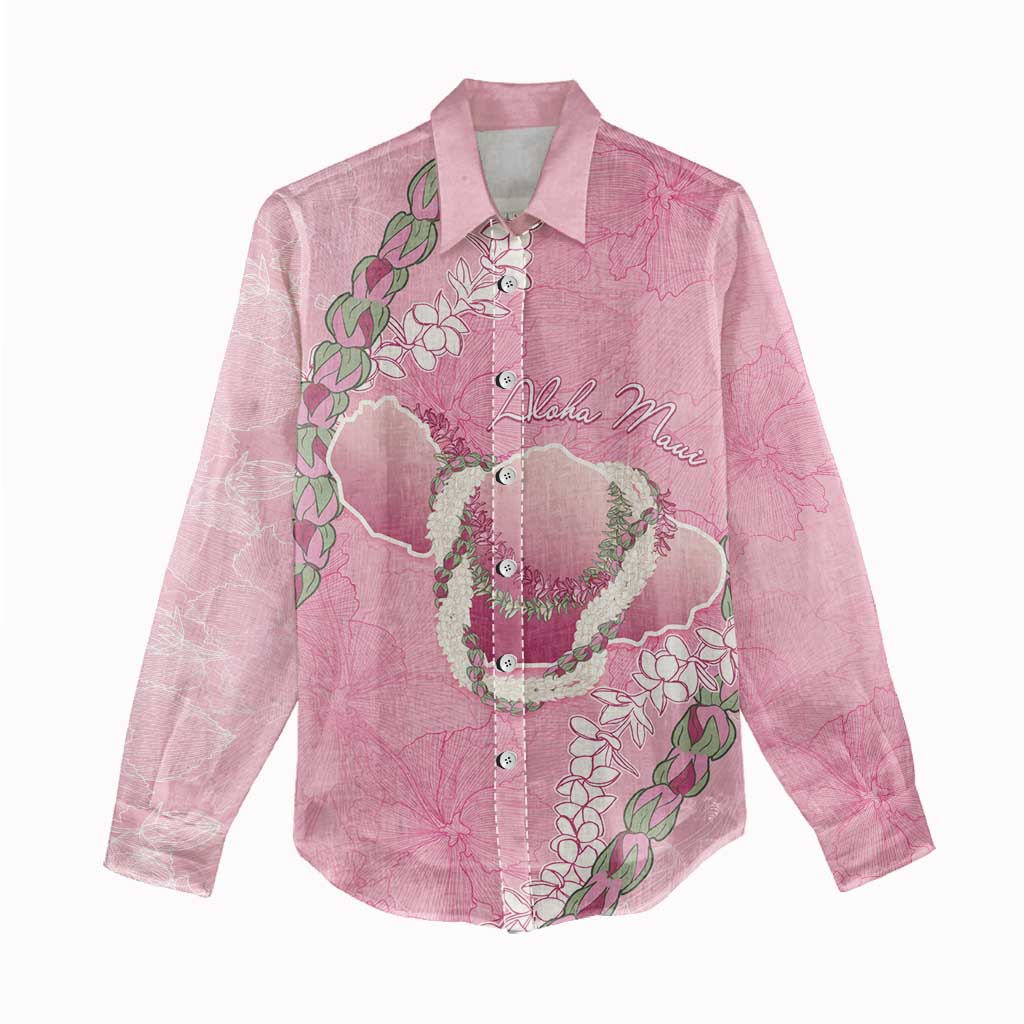 Hawaii Maui Island Flowers Lei Women Casual Shirt Lokelani Rose Pink