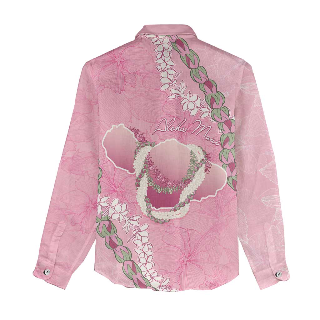 Hawaii Maui Island Flowers Lei Women Casual Shirt Lokelani Rose Pink