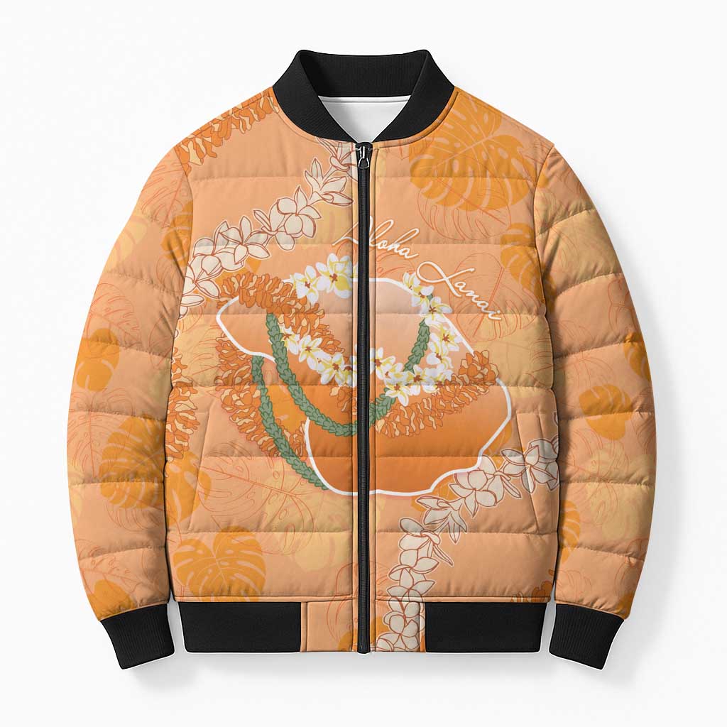 Hawaii Lanai Island Flowers Lei Bomber Puffer Jacket Orange Kaunaoa Mix Maile