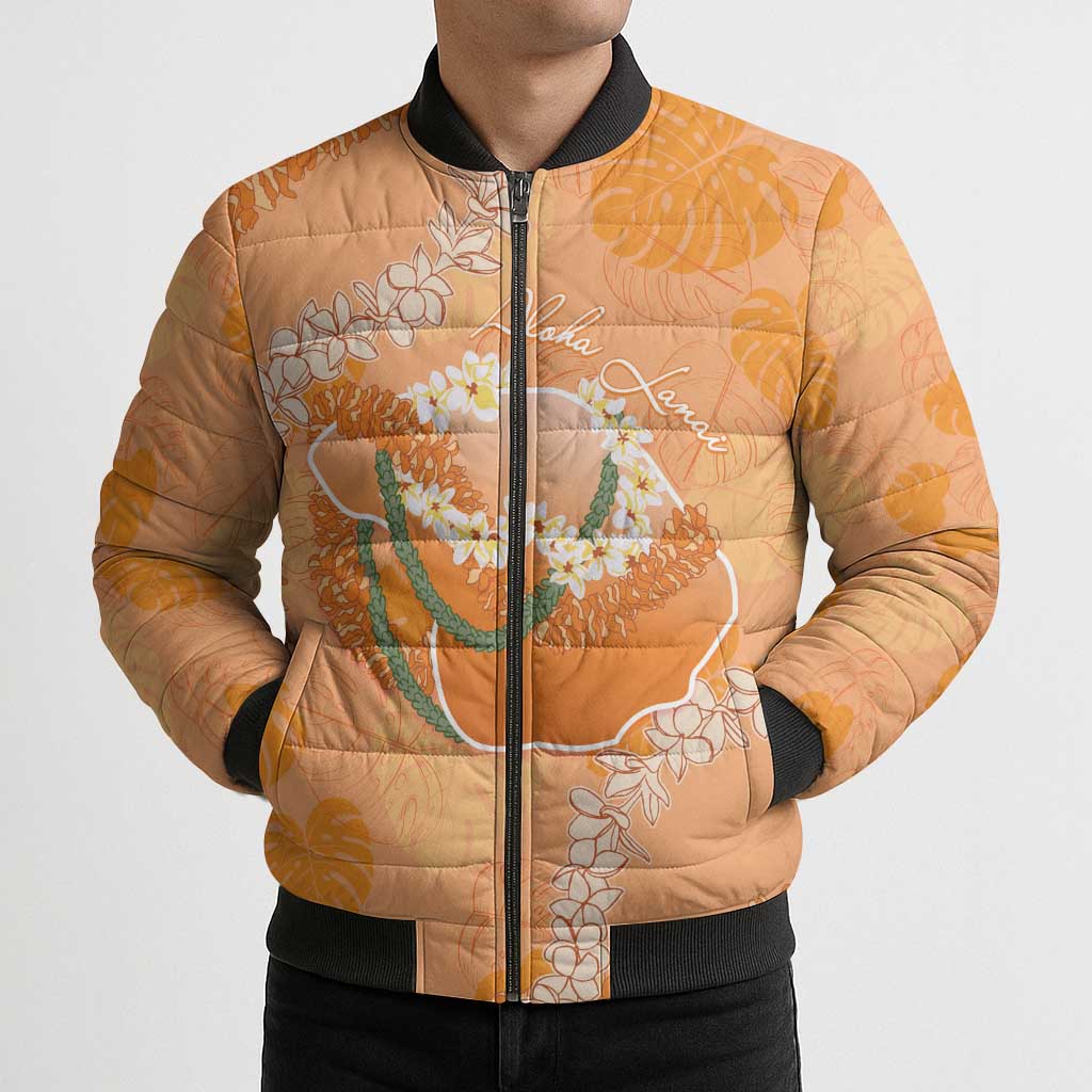 Hawaii Lanai Island Flowers Lei Bomber Puffer Jacket Orange Kaunaoa Mix Maile