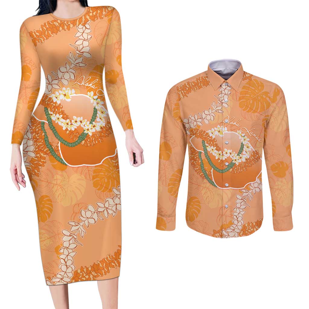 Hawaii Lanai Island Flowers Lei Couples Matching Long Sleeve Bodycon Dress and Long Sleeve Button Shirt Orange Kaunaoa Mix Maile LT7 Orange - Polynesian Pride