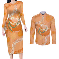 Hawaii Lanai Island Flowers Lei Couples Matching Long Sleeve Bodycon Dress and Long Sleeve Button Shirt Orange Kaunaoa Mix Maile LT7 Orange - Polynesian Pride