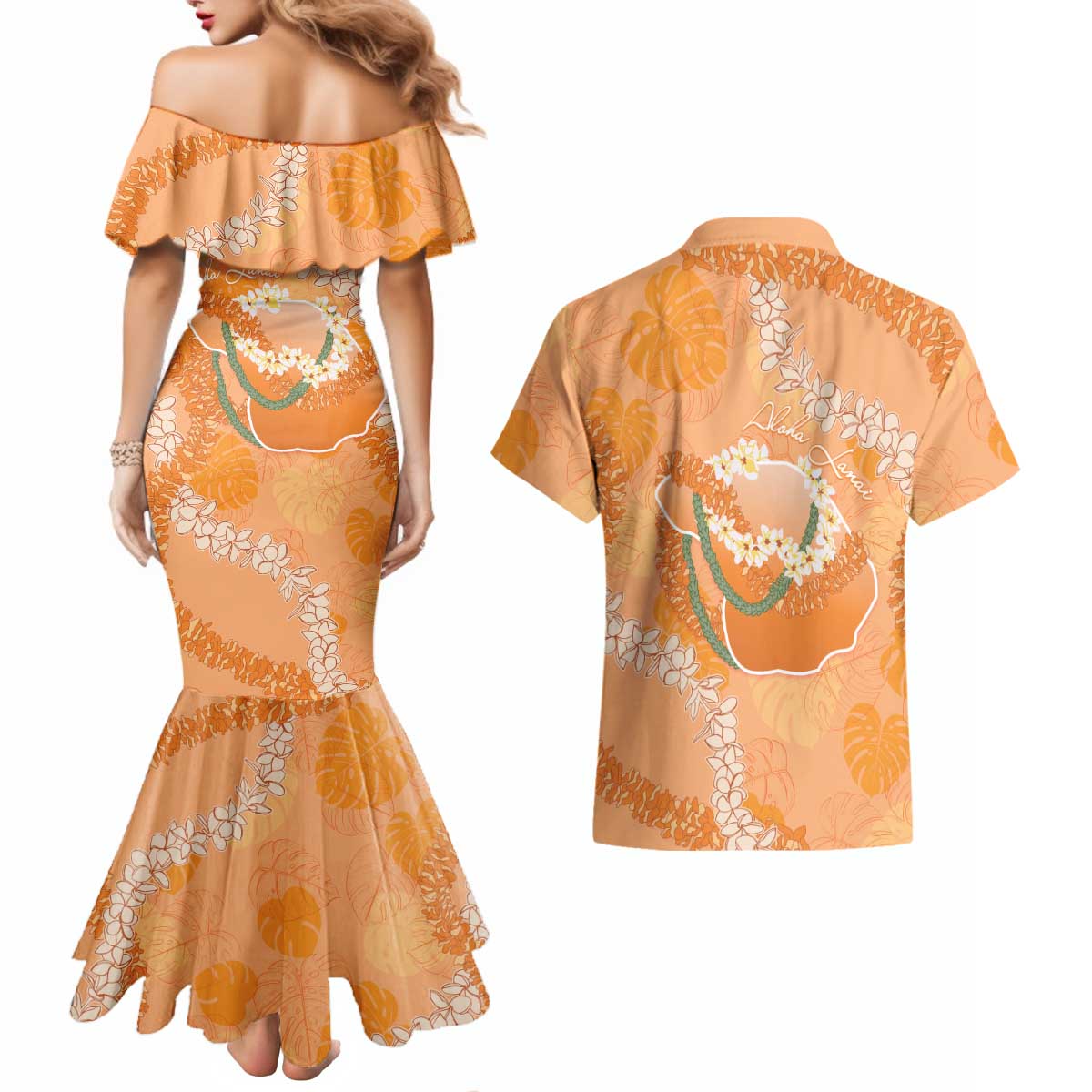 Hawaii Lanai Island Flowers Lei Couples Matching Mermaid Dress and Hawaiian Shirt Orange Kaunaoa Mix Maile LT7 - Polynesian Pride