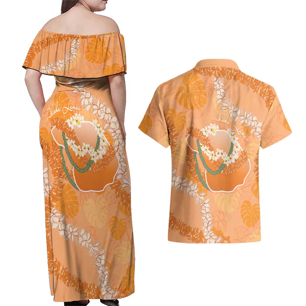 Hawaii Lanai Island Flowers Lei Couples Matching Off Shoulder Maxi Dress and Hawaiian Shirt Orange Kaunaoa Mix Maile LT7 - Polynesian Pride