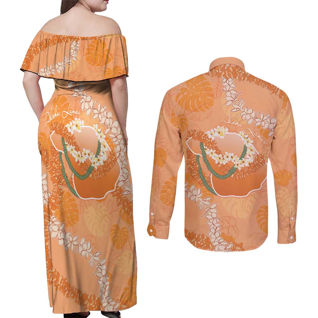 Hawaii Lanai Island Flowers Lei Couples Matching Off Shoulder Maxi Dress and Long Sleeve Button Shirt Orange Kaunaoa Mix Maile