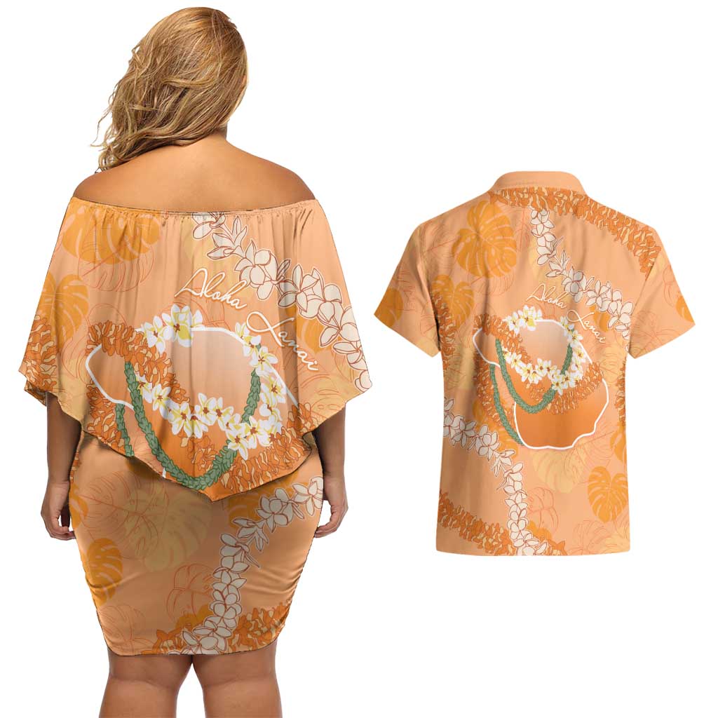 Hawaii Lanai Island Flowers Lei Couples Matching Off Shoulder Short Dress and Hawaiian Shirt Orange Kaunaoa Mix Maile LT7 - Polynesian Pride