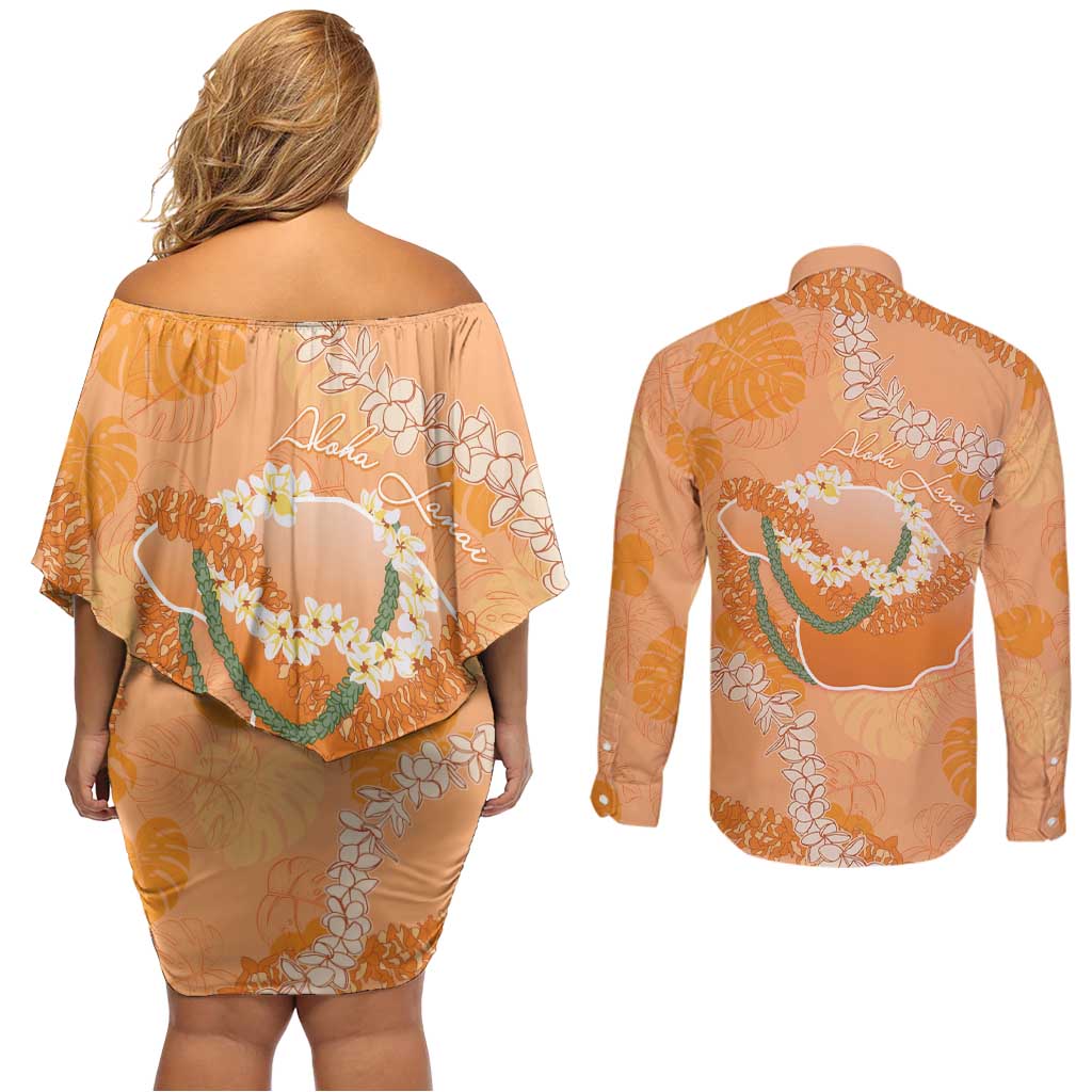 Hawaii Lanai Island Flowers Lei Couples Matching Off Shoulder Short Dress and Long Sleeve Button Shirt Orange Kaunaoa Mix Maile