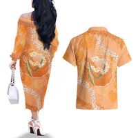 Hawaii Lanai Island Flowers Lei Couples Matching Off The Shoulder Long Sleeve Dress and Hawaiian Shirt Orange Kaunaoa Mix Maile LT7 - Polynesian Pride