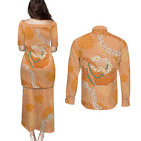 Hawaii Lanai Island Flowers Lei Couples Matching Puletasi and Long Sleeve Button Shirt Orange Kaunaoa Mix Maile