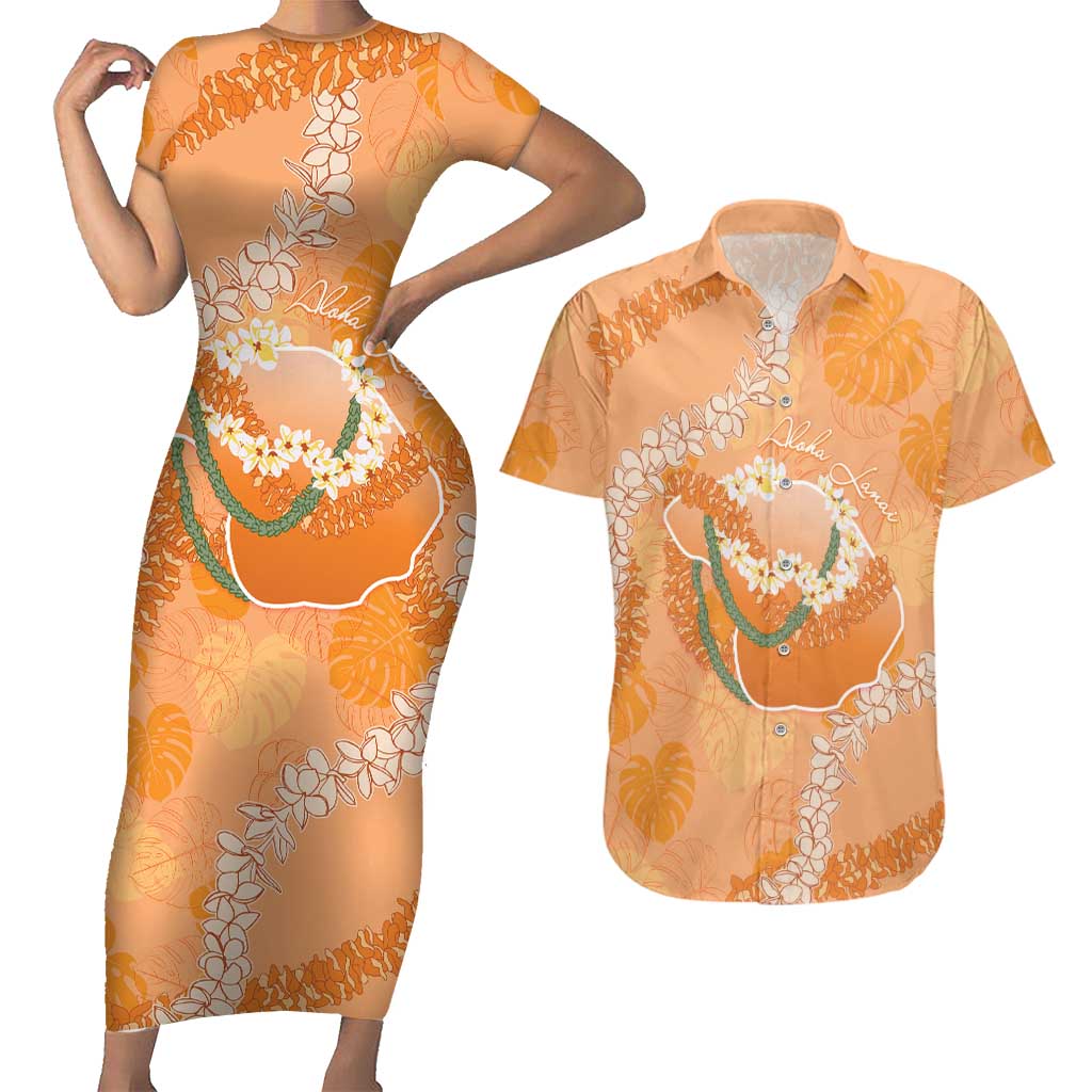 Hawaii Lanai Island Flowers Lei Couples Matching Short Sleeve Bodycon Dress and Hawaiian Shirt Orange Kaunaoa Mix Maile LT7 Orange - Polynesian Pride