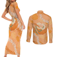 Hawaii Lanai Island Flowers Lei Couples Matching Short Sleeve Bodycon Dress and Long Sleeve Button Shirt Orange Kaunaoa Mix Maile LT7 - Polynesian Pride
