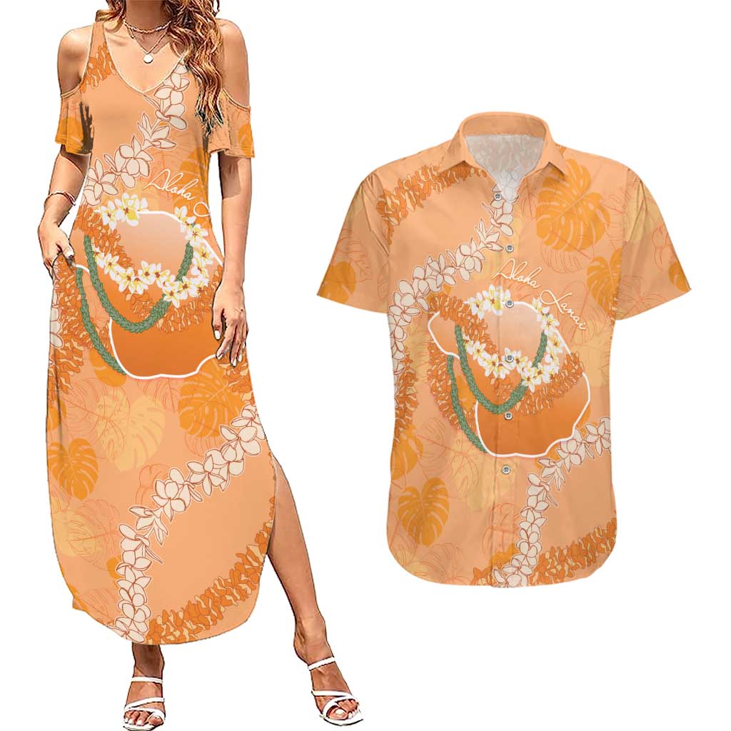 Hawaii Lanai Island Flowers Lei Couples Matching Summer Maxi Dress and Hawaiian Shirt Orange Kaunaoa Mix Maile