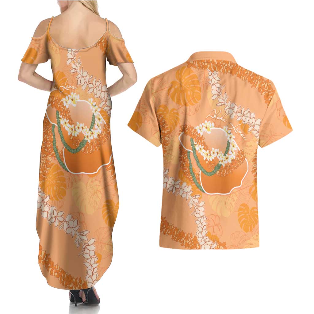 Hawaii Lanai Island Flowers Lei Couples Matching Summer Maxi Dress and Hawaiian Shirt Orange Kaunaoa Mix Maile LT7 - Polynesian Pride