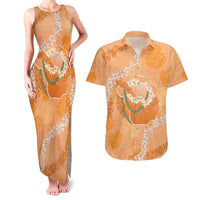 Hawaii Lanai Island Flowers Lei Couples Matching Tank Maxi Dress and Hawaiian Shirt Orange Kaunaoa Mix Maile LT7 Orange - Polynesian Pride