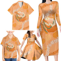 Hawaii Lanai Island Flowers Lei Family Matching Long Sleeve Bodycon Dress and Hawaiian Shirt Orange Kaunaoa Mix Maile LT7 - Polynesian Pride