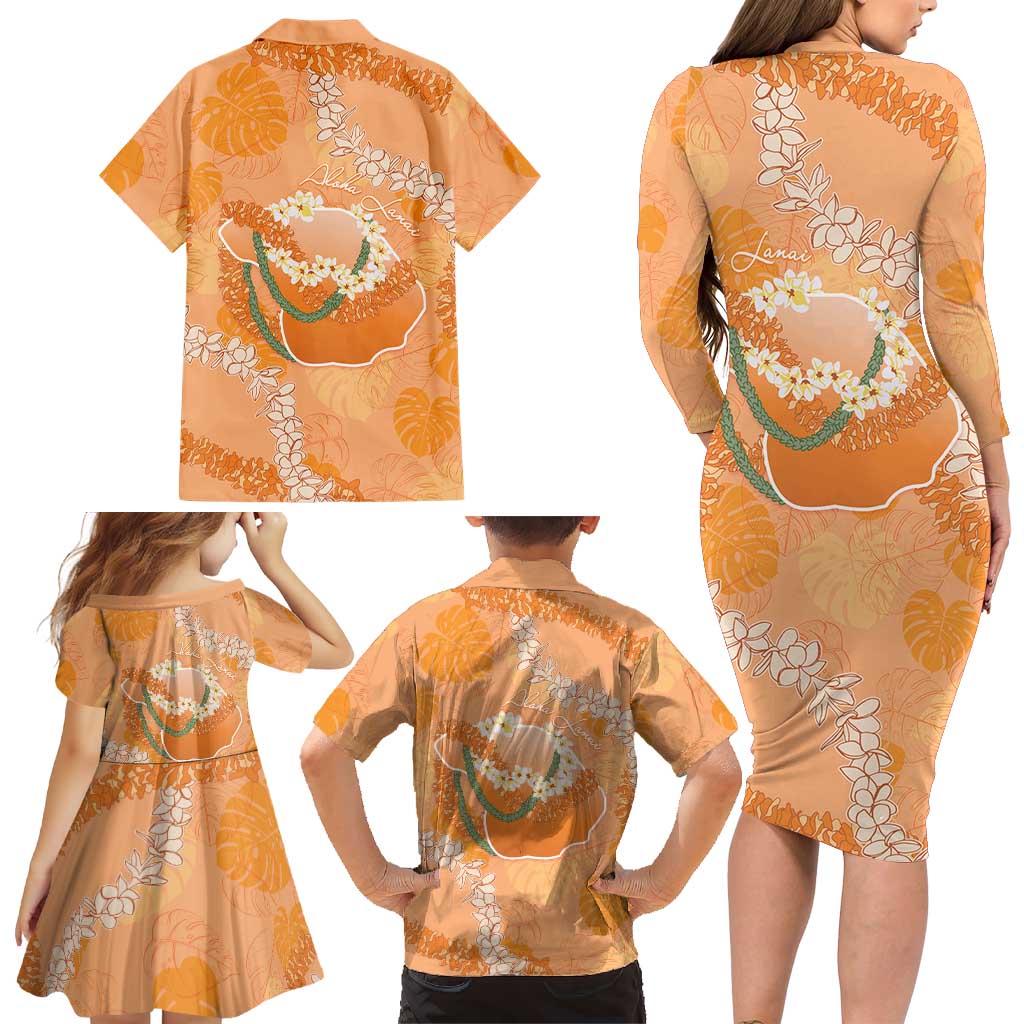 Hawaii Lanai Island Flowers Lei Family Matching Long Sleeve Bodycon Dress and Hawaiian Shirt Orange Kaunaoa Mix Maile LT7 - Polynesian Pride