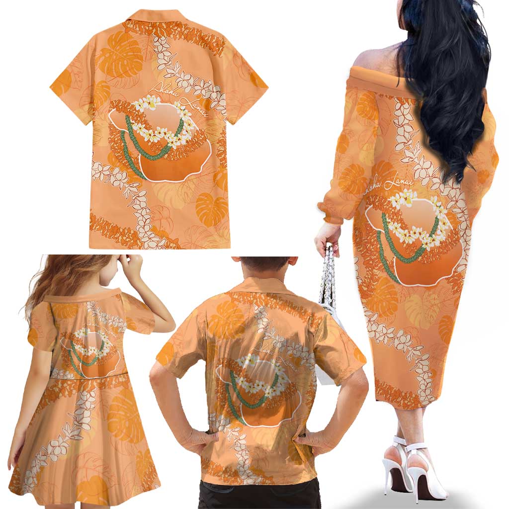 Hawaii Lanai Island Flowers Lei Family Matching Off The Shoulder Long Sleeve Dress and Hawaiian Shirt Orange Kaunaoa Mix Maile LT7 - Polynesian Pride