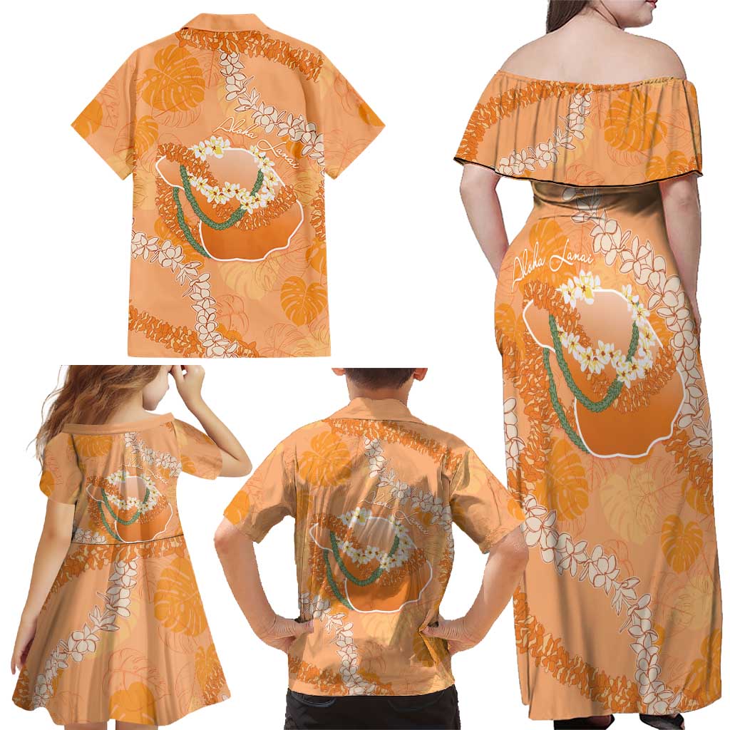Hawaii Lanai Island Flowers Lei Family Matching Off Shoulder Maxi Dress and Hawaiian Shirt Orange Kaunaoa Mix Maile LT7 - Polynesian Pride