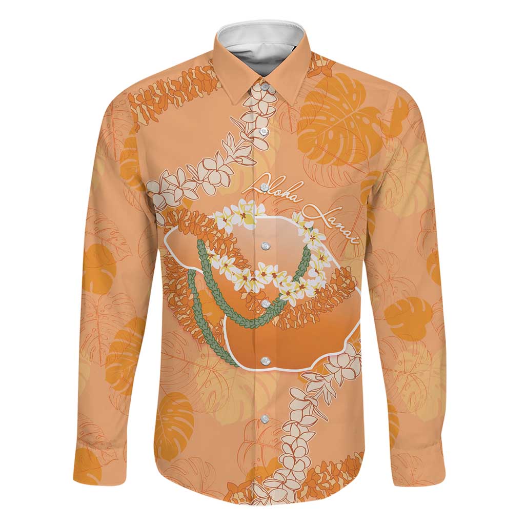 Hawaii Lanai Island Flowers Lei Family Matching Off Shoulder Maxi Dress and Hawaiian Shirt Orange Kaunaoa Mix Maile LT7 Dad's Shirt - Long Sleeve Orange - Polynesian Pride