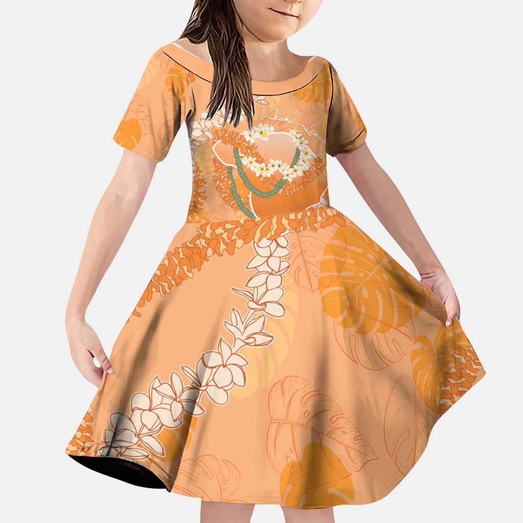 Hawaii Lanai Island Flowers Lei Family Matching Puletasi and Hawaiian Shirt Orange Kaunaoa Mix Maile LT7 Daughter's Dress Orange - Polynesian Pride