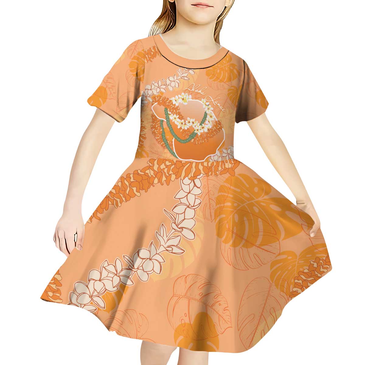 Hawaii Lanai Island Flowers Lei Kid Short Sleeve Dress Orange Kaunaoa Mix Maile