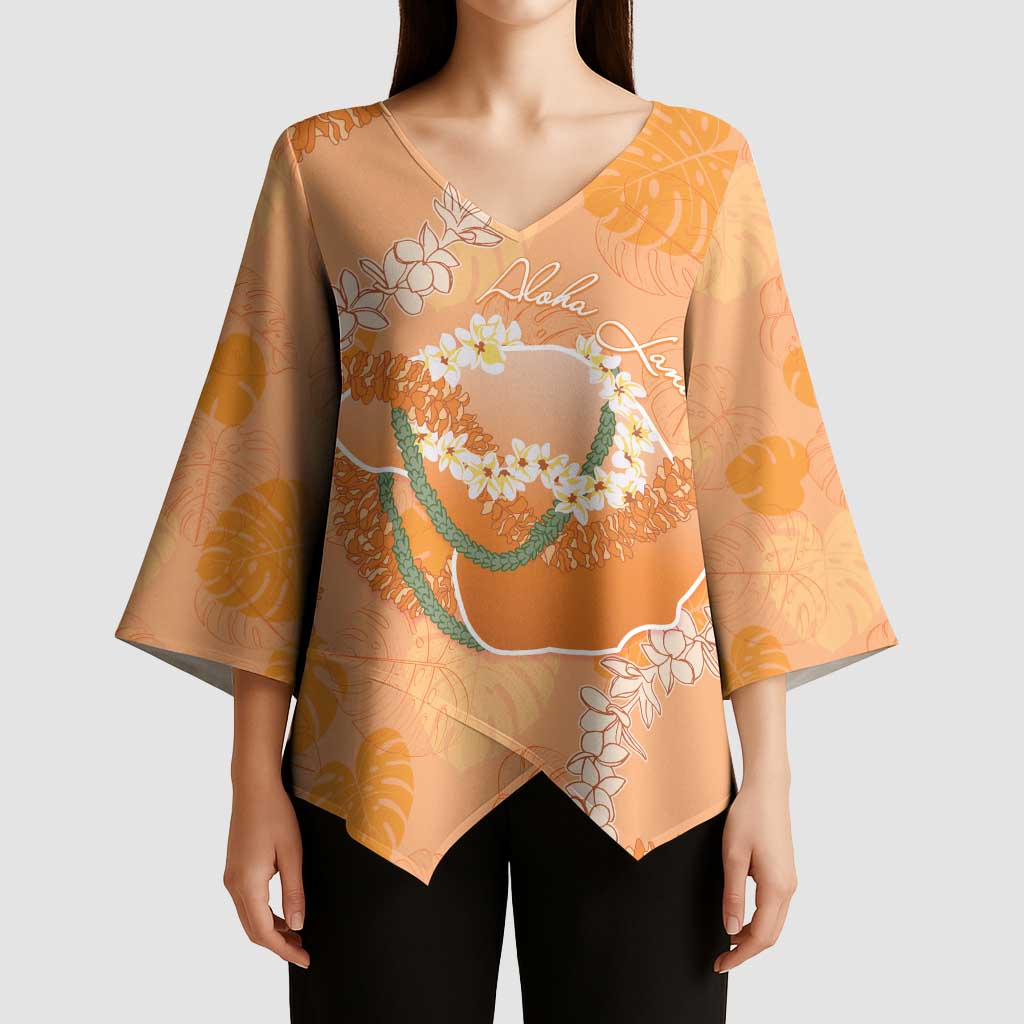 Hawaii Lanai Island Flowers Lei Kimono Sleeve Blouse Orange Kaunaoa Mix Maile