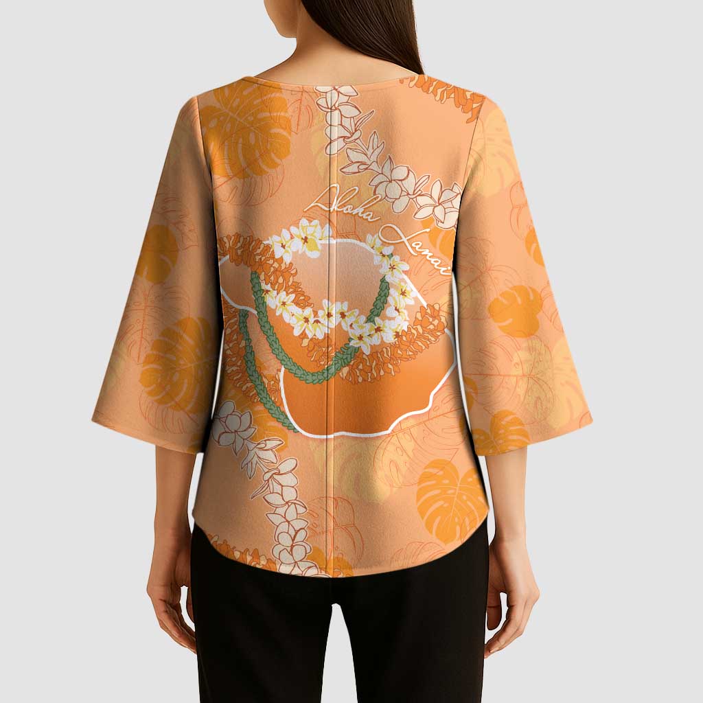 Hawaii Lanai Island Flowers Lei Kimono Sleeve Blouse Orange Kaunaoa Mix Maile