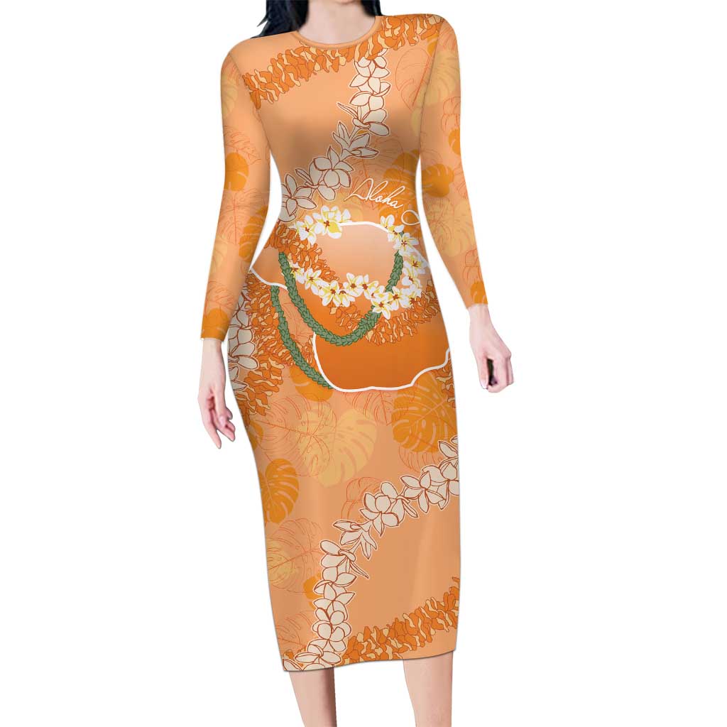 Hawaii Lanai Island Flowers Lei Long Sleeve Bodycon Dress Orange Kaunaoa Mix Maile LT7 Long Dress Orange - Polynesian Pride