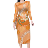 Hawaii Lanai Island Flowers Lei Long Sleeve Bodycon Dress Orange Kaunaoa Mix Maile LT7 Long Dress Orange - Polynesian Pride