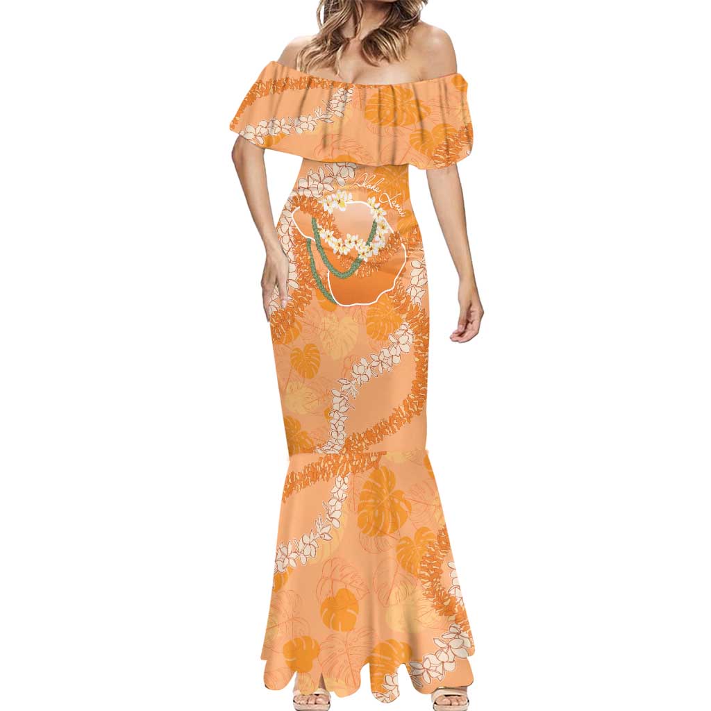 Hawaii Lanai Island Flowers Lei Mermaid Dress Orange Kaunaoa Mix Maile