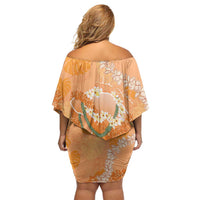 Hawaii Lanai Island Flowers Lei Off Shoulder Short Dress Orange Kaunaoa Mix Maile