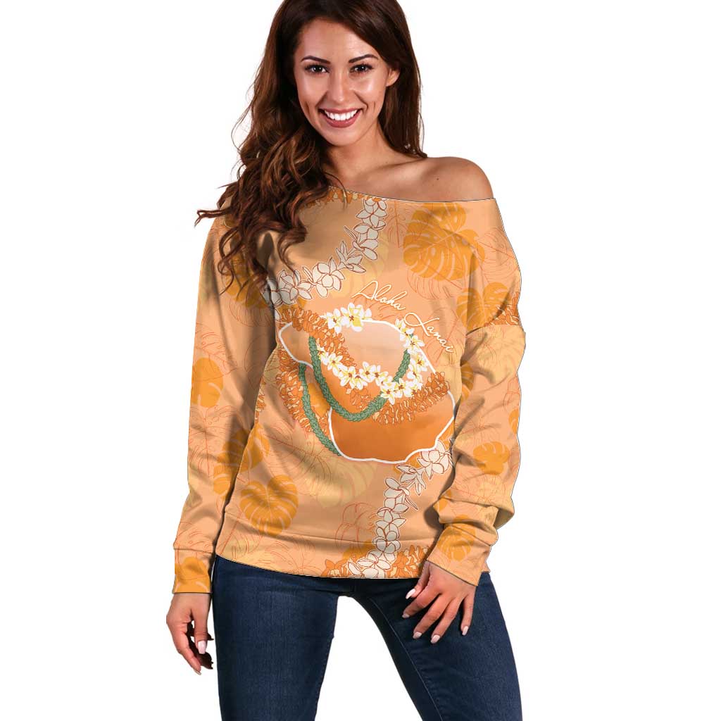 Hawaii Lanai Island Flowers Lei Off Shoulder Sweater Orange Kaunaoa Mix Maile