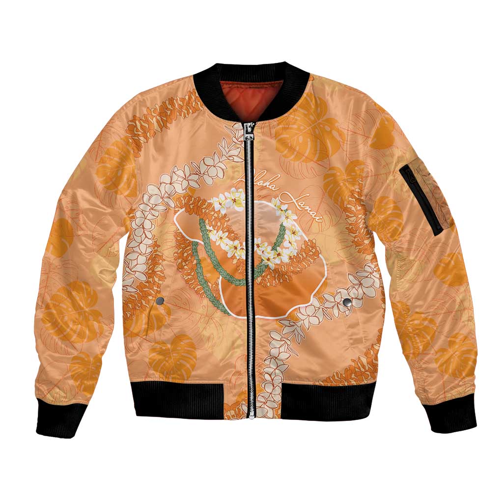 Hawaii Lanai Island Flowers Lei Sleeve Zip Bomber Jacket Orange Kaunaoa Mix Maile