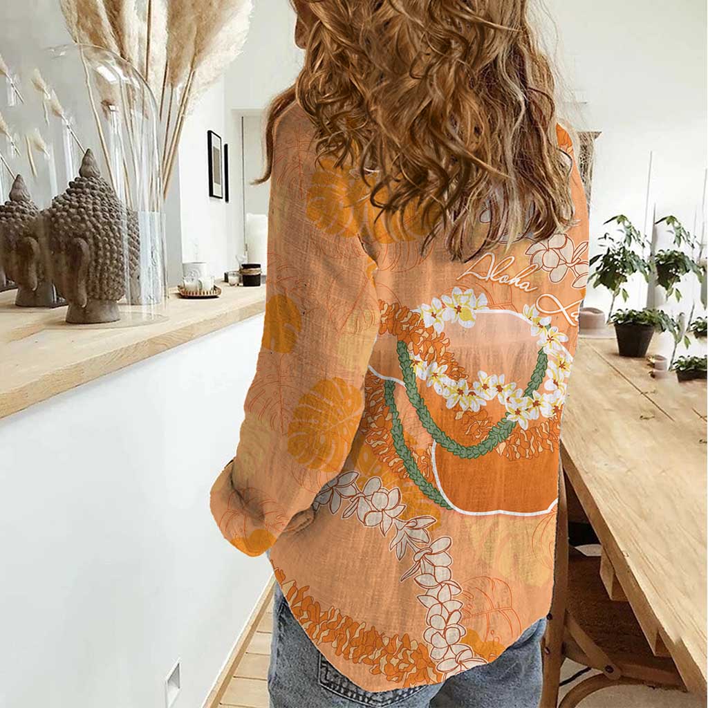 Hawaii Lanai Island Flowers Lei Women Casual Shirt Orange Kaunaoa Mix Maile