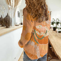 Hawaii Lanai Island Flowers Lei Women Casual Shirt Orange Kaunaoa Mix Maile