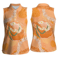 Hawaii Lanai Island Flowers Lei Women Sleeveless Polo Shirt Orange Kaunaoa Mix Maile