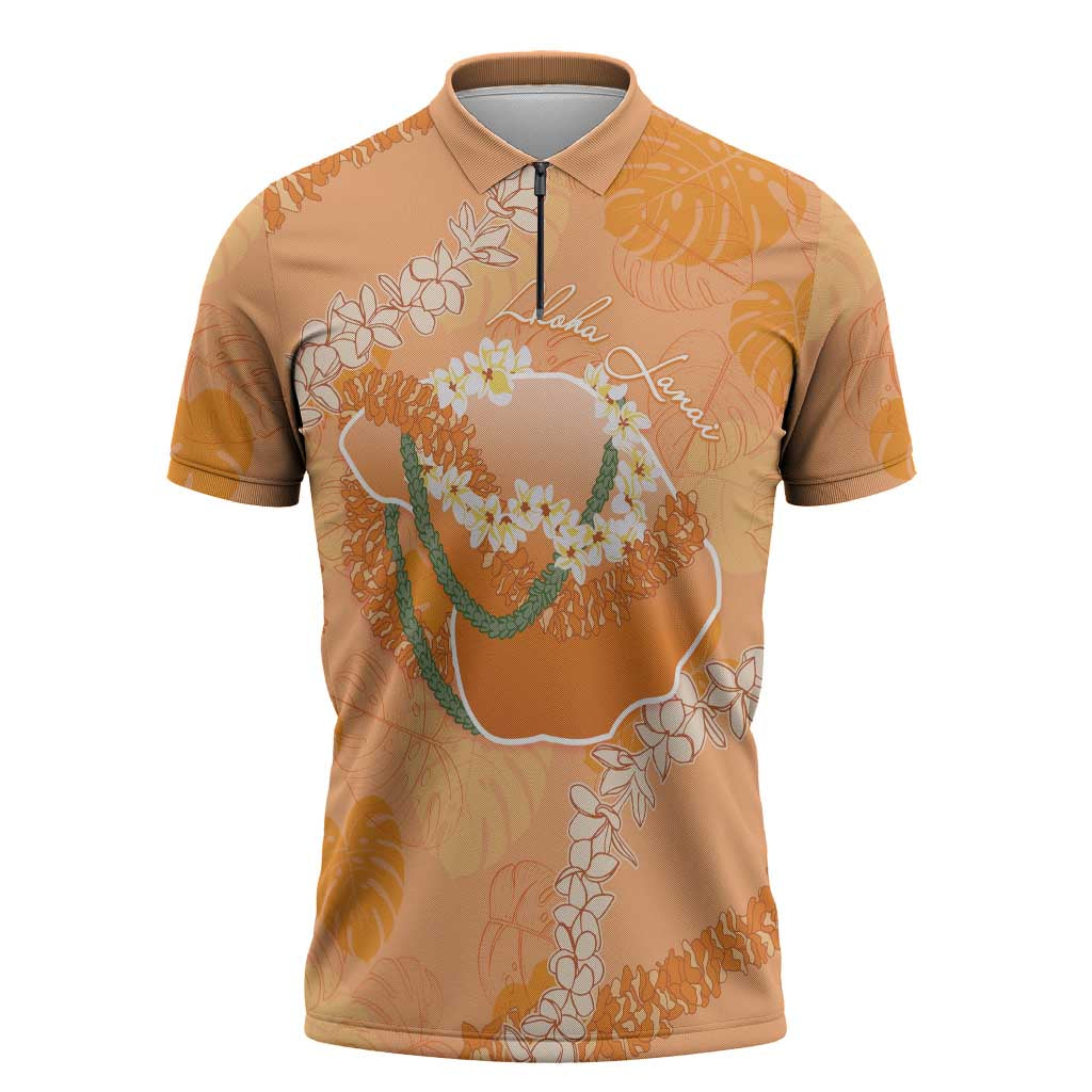 Hawaii Lanai Island Flowers Lei Zipper Polo Shirt Orange Kaunaoa Mix Maile