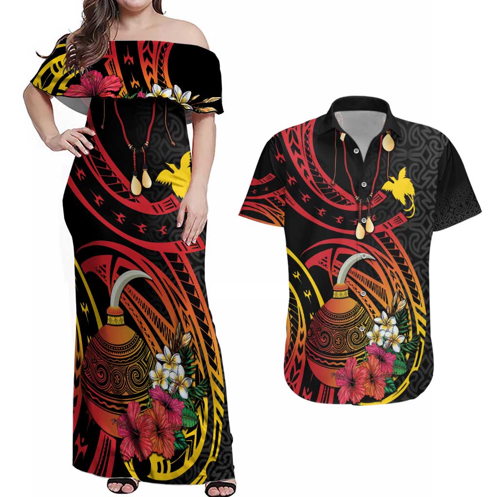Personalized Milne Bay Couples Matching Off Shoulder Maxi Dress and Hawaiian Shirt PNG Lime Pot with Oro Tapa